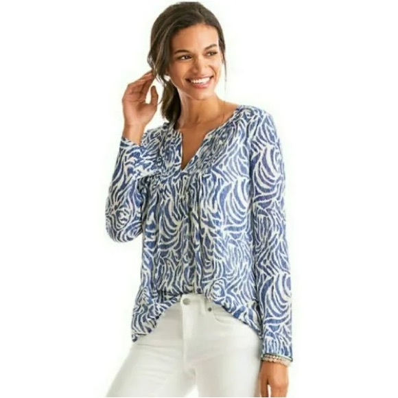 Vineyard Vines Nautical Zebra Print Pintuck Blouse in Royal Ocean S in EUC - Picture 1 of 9